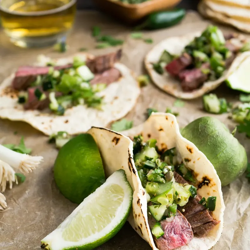 Steak tacos with chopped onion and cilantro on parchment with lime wedges