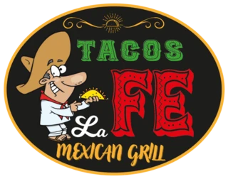 Tacos La Fe Mexican Grill logo: a cartoon man in a sombrero holding a taco